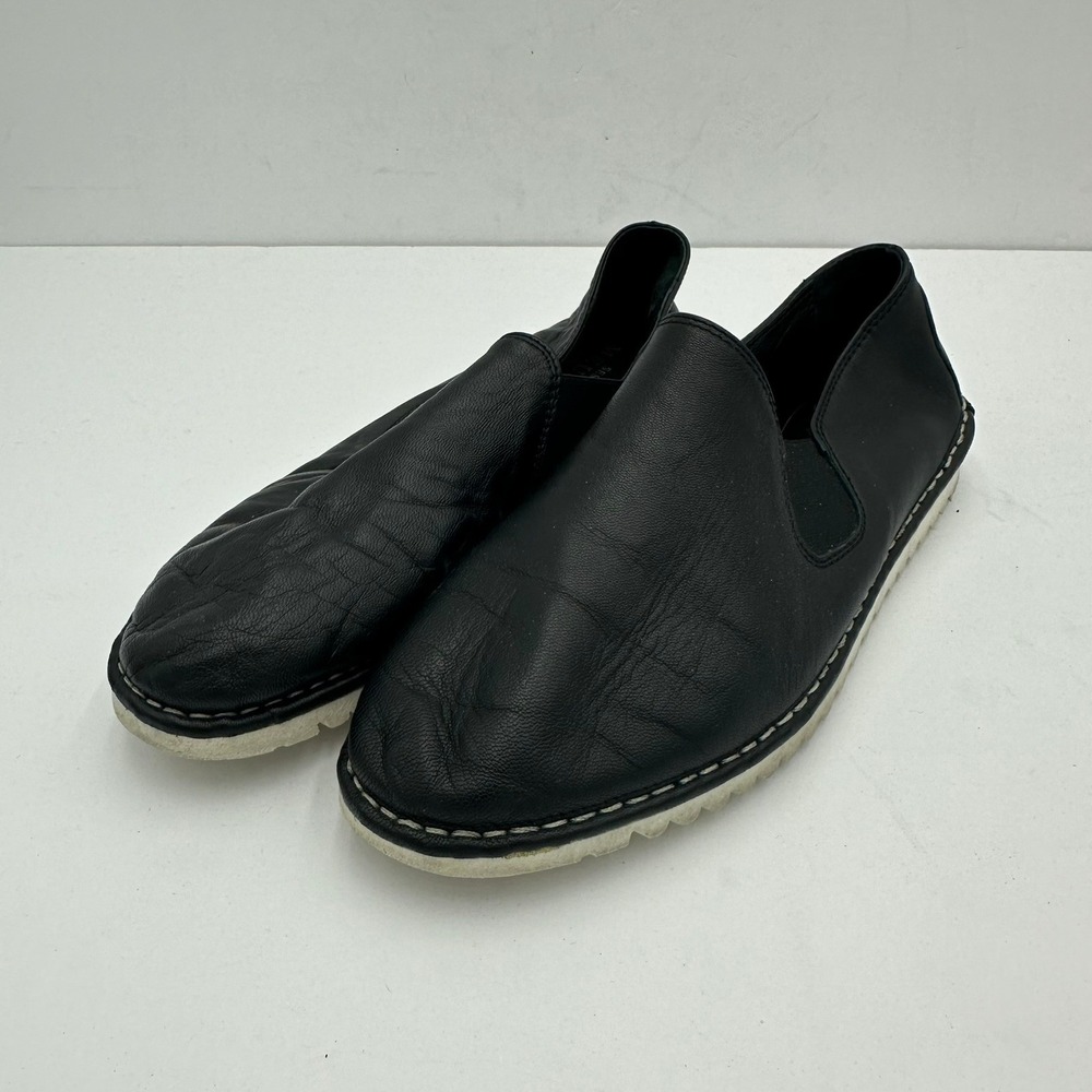 Sesto Meucci Black Leather Slip On Loafers White Ripple Sole Made in Italy 7.5